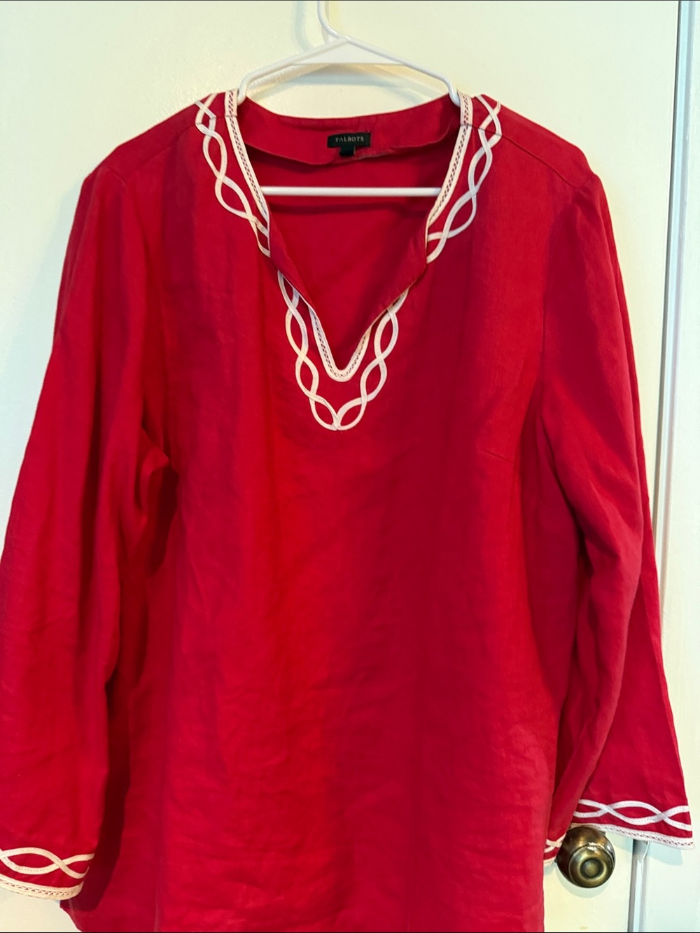 Talbots Red Linen V-Neck Linen Tunic with White Loop Trim